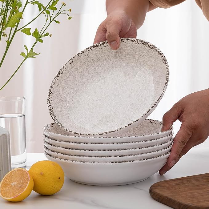 ZAROCRUS Rustic White Melamine Pasta Bowls, 6 Pack 9.25 inch Serving Bowls, Wide and Shallow All-purpose Bowl, Unbreakable Kitchen Bowls for Salad, Pasta, Ramen, Soup, Noodle, Fruit. Dishwasher Safe…