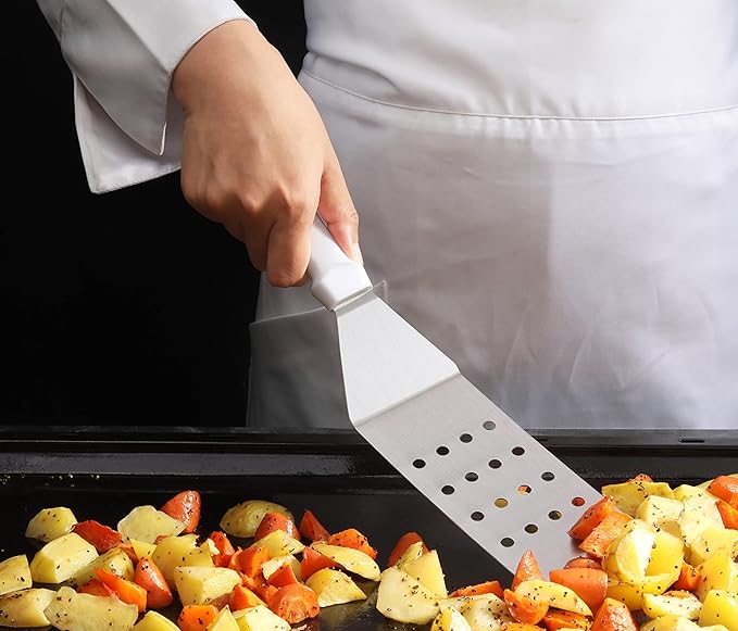 New Star Foodservice 14.5 Inch Perforated Flexible Grill Turner, Stainless Steel Spatula with White Plastic Handle for Griddle, Flat Top, Grill, and Restaurant Use