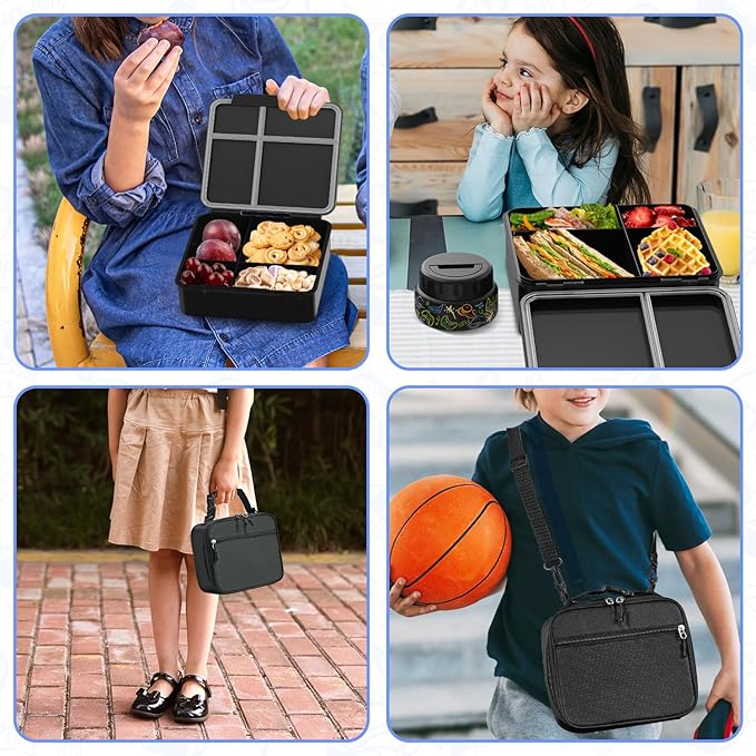 Kids Bento Lunch Box with Thermos, Leakproof Toddler Bento Box with 9 OZ Insulated Food Jar, Lunch Bag & Utensils 3 or 4 Compartment Container for School Girls Boys
