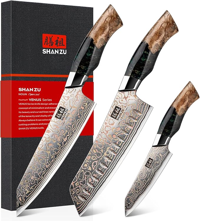 SHAN ZU 3PCS Damascus Knife Set, Japanese Kitchen Knives Set