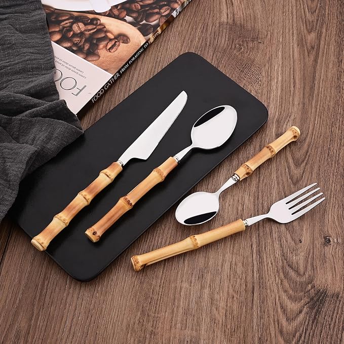 Uniturcky 40PCS Silverware Set for 10, Bamboo Handle Flatware Set, Stainless Steel Cutlery Set for Home Restaurant and Party, Bamboo Forks Spoons and Knives Set, Polished Tableware