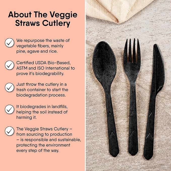 Premium Quality100% Biodegradable Black Spoons Made of Vegetable Fibers, 100 PCS of 6.7” Long Heavy-Duty and Splinter Free Eco-Friendly Spoons, Perfect Sustainable Cutlery for All Types of Occasions