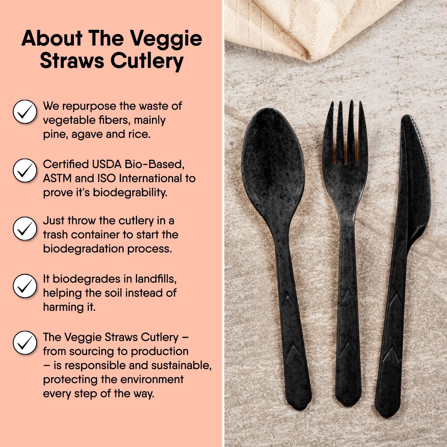 Premium Quality100% Biodegradable Black Spoons Made of Vegetable Fibers, 100 PCS of 6.7” Long Heavy-Duty and Splinter Free Eco-Friendly Spoons, Perfect Sustainable Cutlery for All Types of Occasions