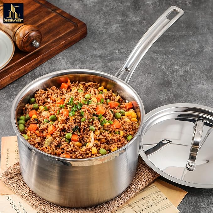 Glendaveny Tri-Ply Stainless Steel Sauce Pan with Lid, 3-Quart Saucepan Sauce Pot Multipurpose Use for Home Kitchen or Restaurant - Kitchen Cookware, Induction Pot, Dishwasher Safe & Oven Safe