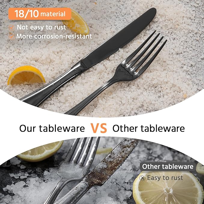 18/10 Stainless Steel Silverware Set for 12, 60 Piece Black Flatware Set