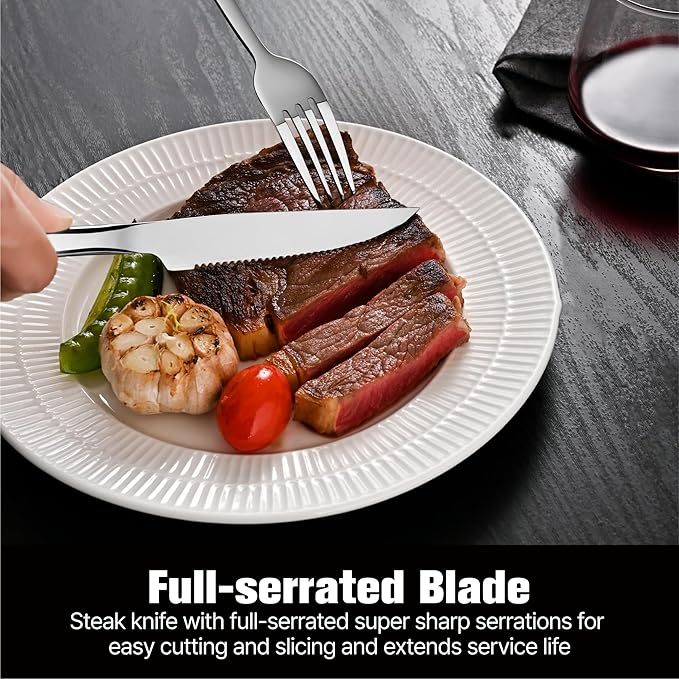 KINGSTONE 48-Piece Silverware Set with Steak Knives, Flatware Set for 8, 18/10 Stainless Steel Tableware Cutlery Set for Home Restaurant, Mirror Finish,Modern Design
