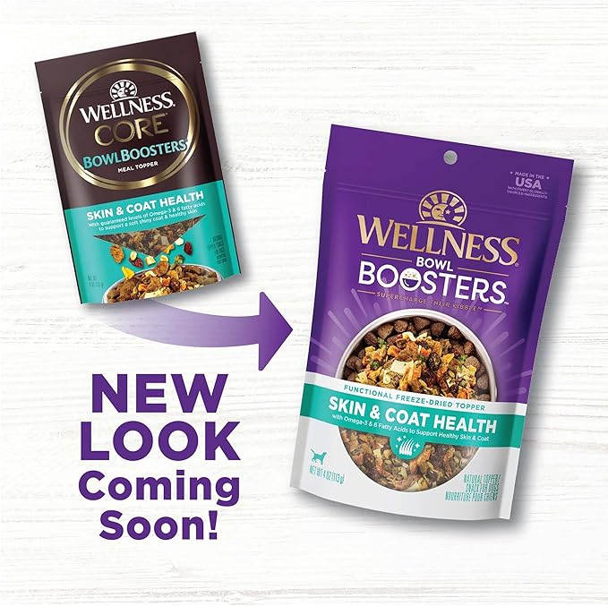 Wellness Bowl Boosters Skin and Coat Health Dog Food Topper with Freeze Dried Pieces for Small, Medium, and Large Breeds, Grain Free, Natural, Chicken Recipe, 4 oz Bag