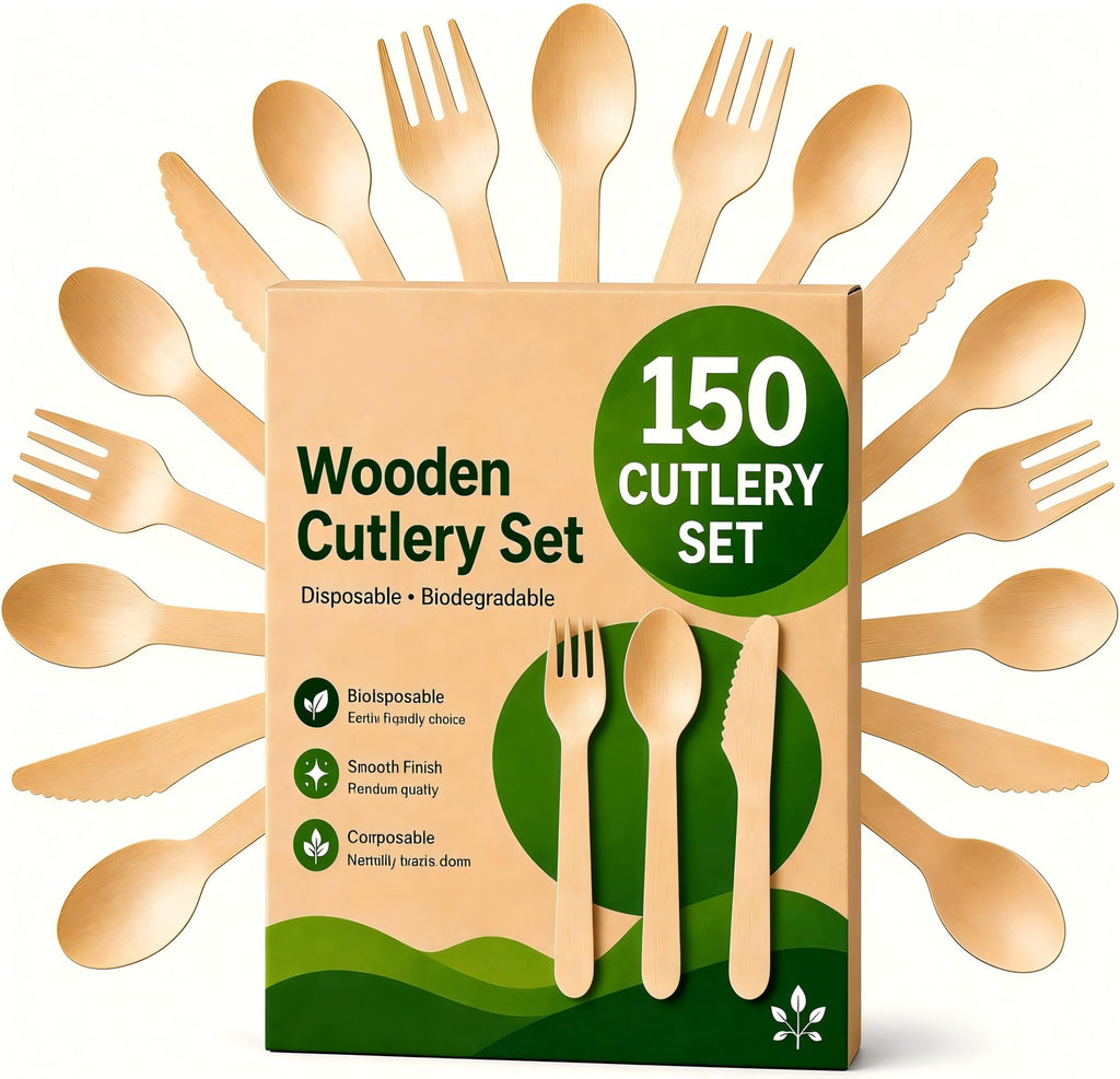 100% Compostable Cutlery Set - 150 Pieces Wooden Utensil Set [50 Wooden Forks, Wooden Spoons, Knives] - Disposable Wooden Cutlery, Eco Friendly Forks, Spoons, Knives Set Compostable Utensils