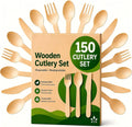 100% Compostable Cutlery Set - 150 Pieces Wooden Utensil Set [50 Wooden Forks, Wooden Spoons, Knives] - Disposable Wooden Cutlery, Eco Friendly Forks, Spoons, Knives Set Compostable Utensils