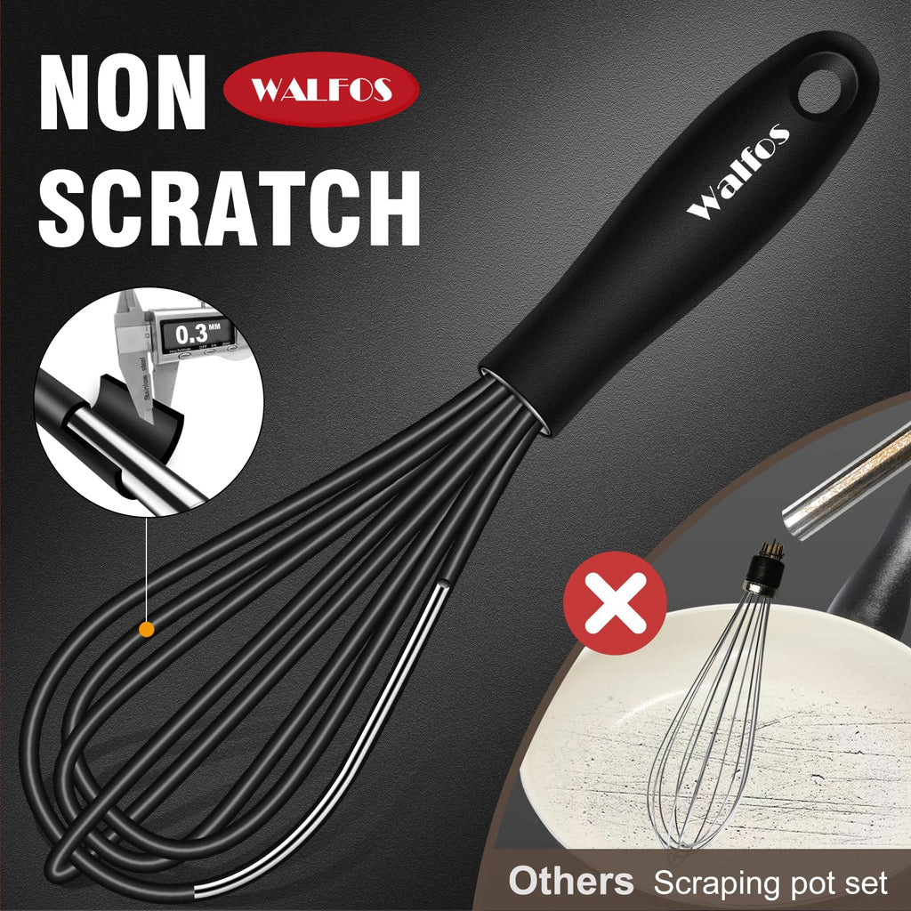 Walfos Whisk 5+7in Mini Whisk,Silicone Whisks Non Scratch Heat Resistant (480°F). Nice for stirring individual eggs and mixing small amounts of powder and sauce.Dishwasher Safe.Black