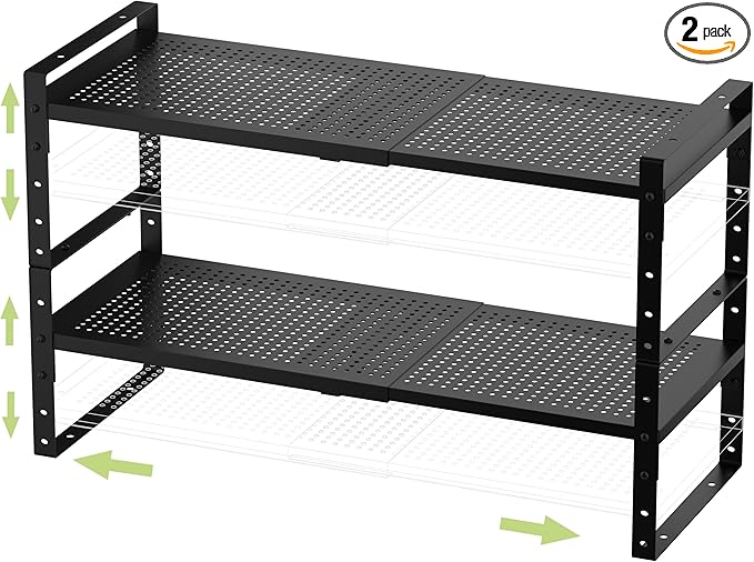 Jojocross Expandable Stackable Aadjustable Shoe Rack Pantry Shelf for Kitchen Cabinets Counter Shelves Countertop Cupboard Storage Solution,Sturdy Heavy-Duty Metal Construction(2Packs/Black/Medium)