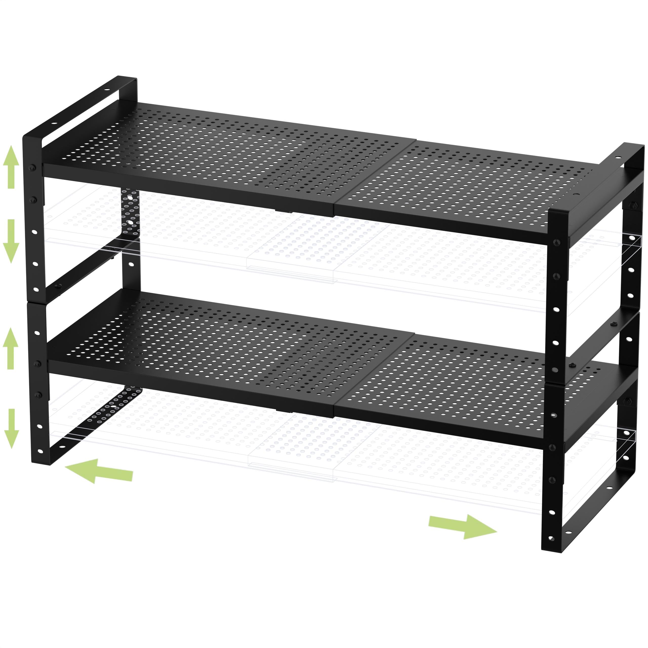 Jojocross Expandable Stackable Aadjustable Shoe Rack Pantry Shelf for Kitchen Cabinets Counter Shelves Countertop Cupboard Storage Solution,Sturdy Heavy-Duty Metal Construction(2Packs/Black/Large)
