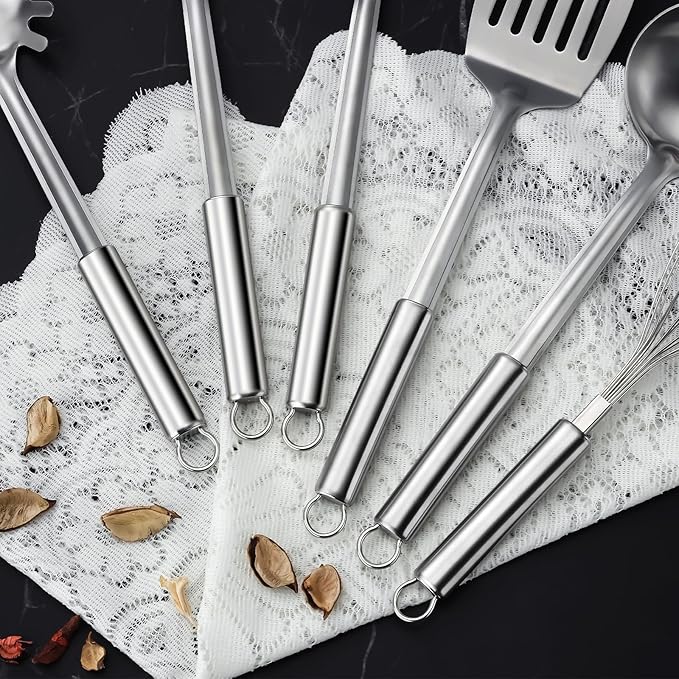 Gymdin 6-Piece Kitchen Cooking Utensils Set, Stainless Steel Kitchen Utensils with Suspendable Handle, Spatula, Slotted Turner, Soup Ladle, Slotted Spoon, Whisk, Pasta Server, Dishwasher Safe