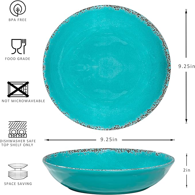 ZAROCRUS Farmhouse Melamine Pasta Bowls Set of 6, 42 OZ Shallow Individual Bowl, Melamine Pasta Plates and Salad Bowls sets, Dishwasher Safe Serving,Snack bowl,Fruit Bowl, Teal