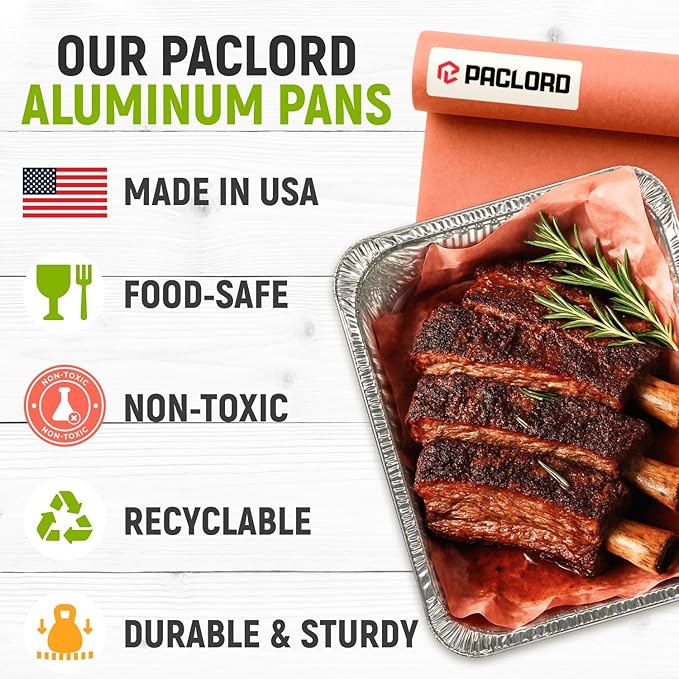 Paclord Aluminum Foil Pans - Half-Size 9" x 13", Pack of 25 - USA-Made Disposable Aluminum Trays for Steam Table & Chafing Racks - Great for Baking, Catering, BBQ, Parties, Food Delivery