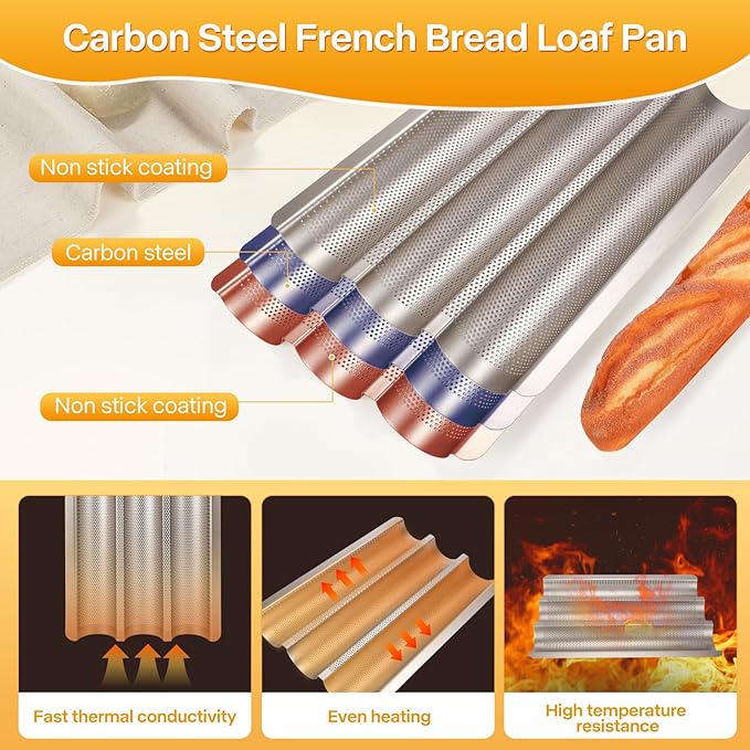 Barlket Baguette Bread Pan, Nonstick French Bread Baking Pan 3 Loaf, Golden