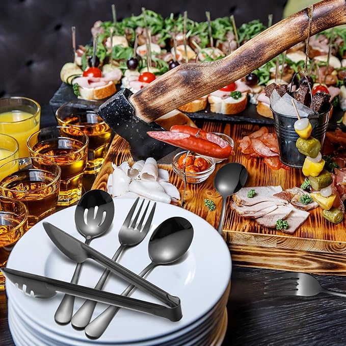 Patelai 15 Pcs Black Stainless Steel Serving Utensil Set 8.7" Large Spoons and Slotted Spoon 9.45" Tong 9" Forks Flatware Wedding Party Restaurant Cooking Kitchen Holiday Buffet Banquet Catering Hotel
