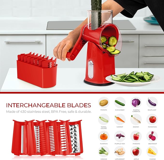 SUSTEAS Rotary Cheese Grater 5 Blades,Kitchen Mandoline Vegetable Slicer