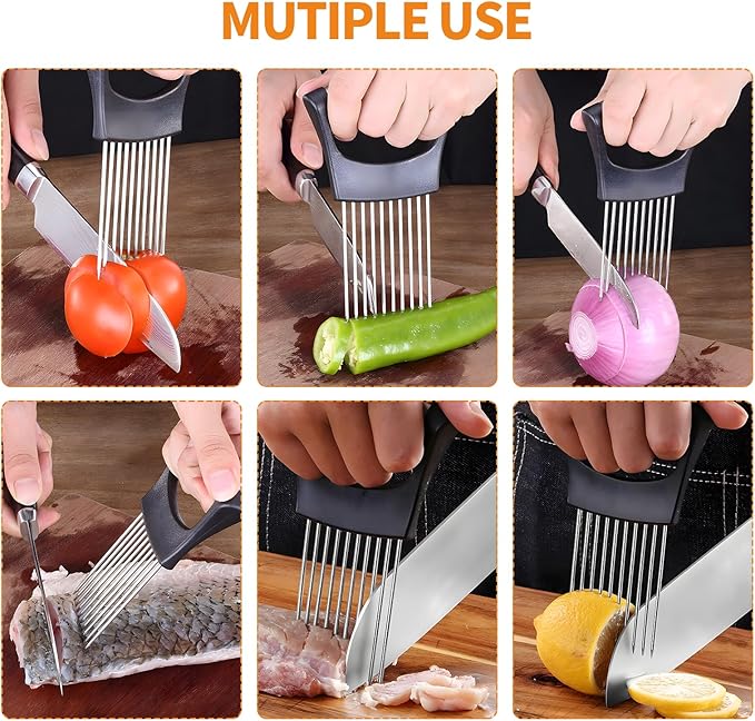 2PCS Onion Holder for Slicing, Upgraded Stainless Steel Onion Slicer Holder with Ergonomic Handle, Tomato Cutter, Vegetable Slicing Tool, Meat Tenderizer, Kitchen Food Cutting Gadget