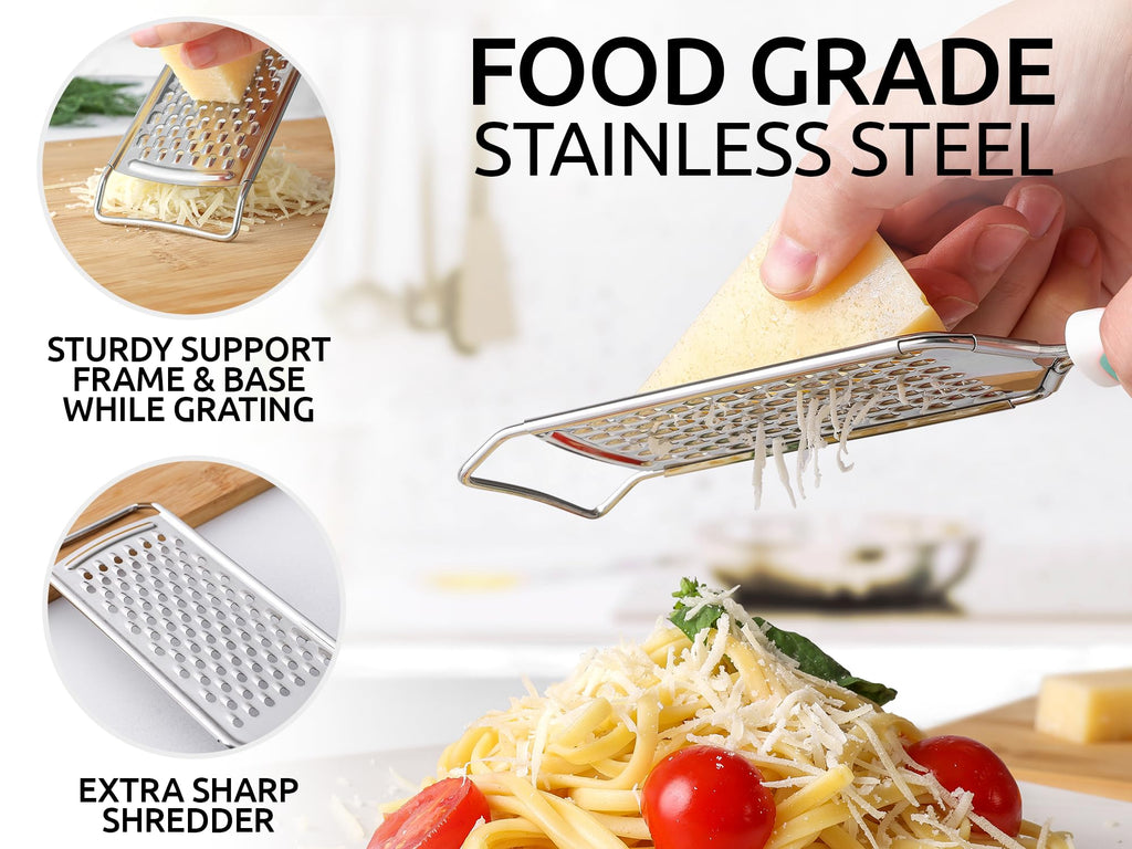 Zulay Kitchen Professional Cheese Grater Stainless Steel - Durable Rust-Proof Metal Lemon Zester Grater With Handle - Flat Handheld Grater For Cheese, Chocolate, Spices, And More - Mint