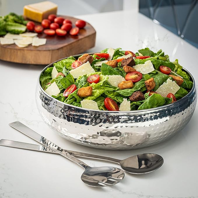 Colleta Home Salad Bowl and Serving Utensils - Hammered Detailing - Stainless Steel Mixing Bowls with Lids- Luxurious Serving Bowls (12" Hammered Salad Bowl)