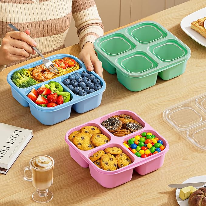 Canfanni 6 Pcs Snack Box Container Set, Reusable 3&4 Compartment Meal Prep Snack Containers for Adults Kids Toddler, BPA-Free Divided Lunchable Container for School, Work and Travel (Transparent Lids)