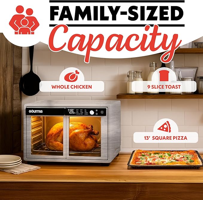 Gourmia French Door Air Fryer Oven - 37 Qt Large Capacity Convection Toaster Oven, FryForce 360°, Digital Display, 12 Cooking Presets, Dehydrate, Fits 13” Pizza, Dishwasher-Safe, Stainless Steel