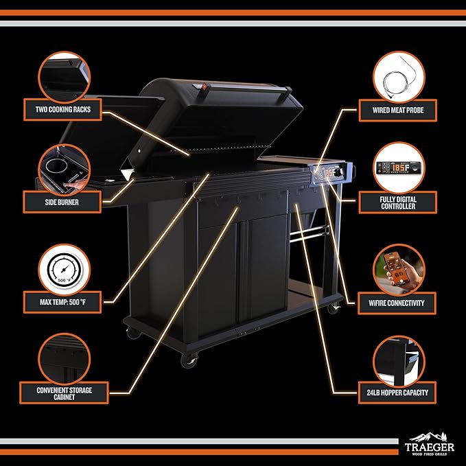 Traeger Woodridge Elite Electric Wood Pellet Grill and Smoker, 970 Sq. in., Side Sear Station, WiFIRE Technology, Super Smoke Mode, Outdoor Pellet Smoker Grill with Insulated Body, Black, TFC97XLH
