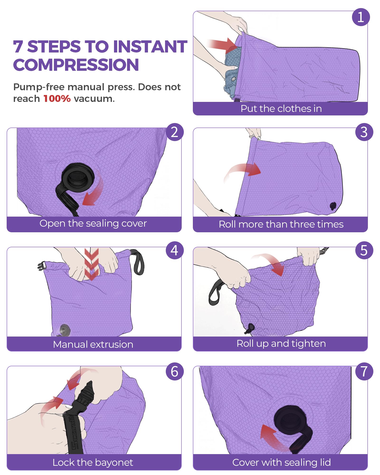 Compression Travel Laundry Bag for Dirty Clothes, Pump-Free Laundry Bag for Suitcase & Dorm, Waterproof Wet Dry Clothes Organizer, Large Capacity Space Saving Travel Bag (1 Pcs)(Purple, M)