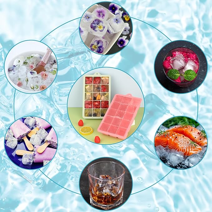 HUAKENER 2 Pack Silicone Ice Cube Tray, Ice Cube Trays for Freezer with Lid