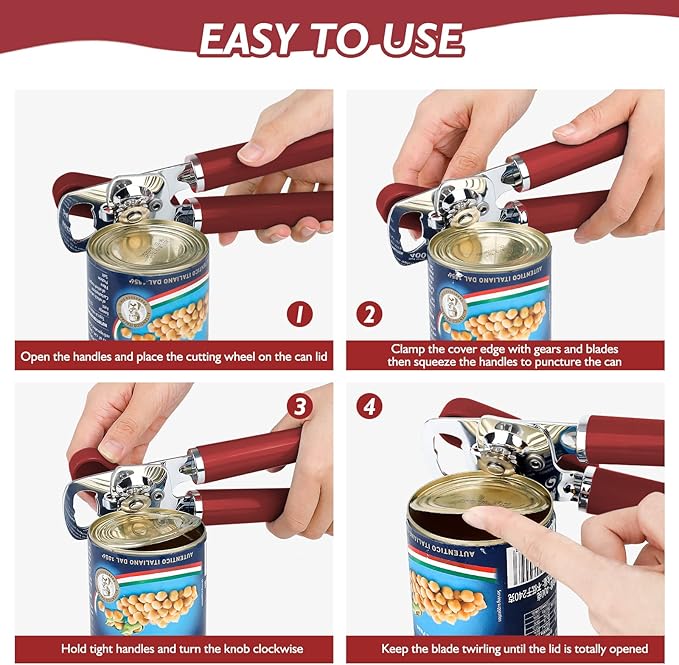 Mebotem 10 Colors Can Opener Manual Handheld Heavy Duty Hand Can Opener Smooth Edge Stainless Steel Can Openers Top Lid Kitchen Gadgets, Best Large Rated Easy Turn Knob, with Bottle Opener, Burgundy
