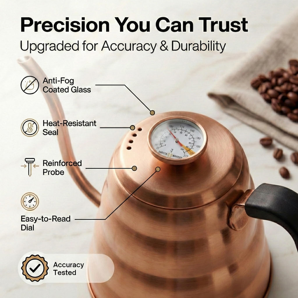 Barista Warrior Gooseneck Kettle with Built-In Thermometer for Pour Over Coffee & Tea - 1L Stainless Steel Kettle Stovetop Safe with Precision Spout - Copper Coated Stainless Steel