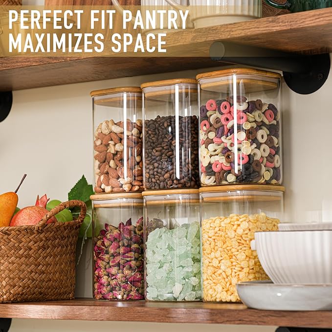 D2scrma 37oz Airtight Glass Square Storage Canisters with Bamboo Lid Set of 6 (1100ml) Stackable Containers, Kitchen Jars for Pantry Noodles, Flour and Coffee beans (‎with Black Lable)