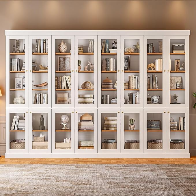 ivaniti 70.8" Tall Farmhouse Kitchen Pantry Cabinet with Glass Doors, Modular Storage Cabinet with 6-Tier Adjustable Shelves, White, Wooden Hutch for Kitchen, Living Room, Set of 4