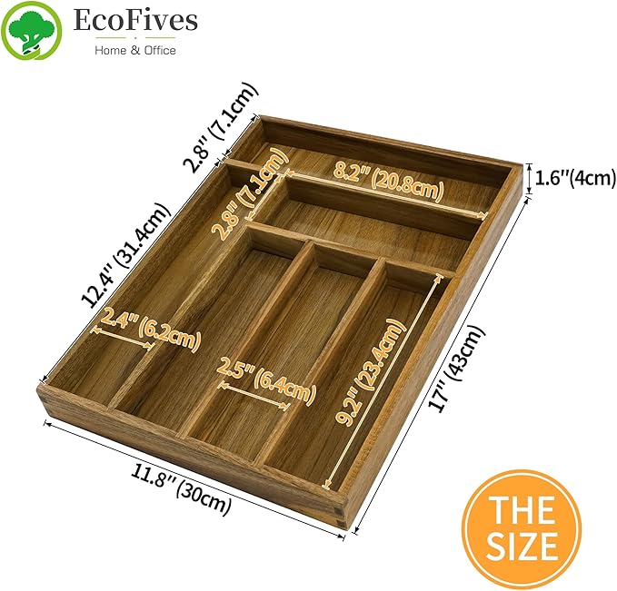 EcoFives Luxury Acacia Kitchen Drawer Organizer - Silverware Organizer - Utensil Holder and Cutlery Tray with Grooved Drawer Dividers for Flatware and Kitchen Utensils (6 Slot)