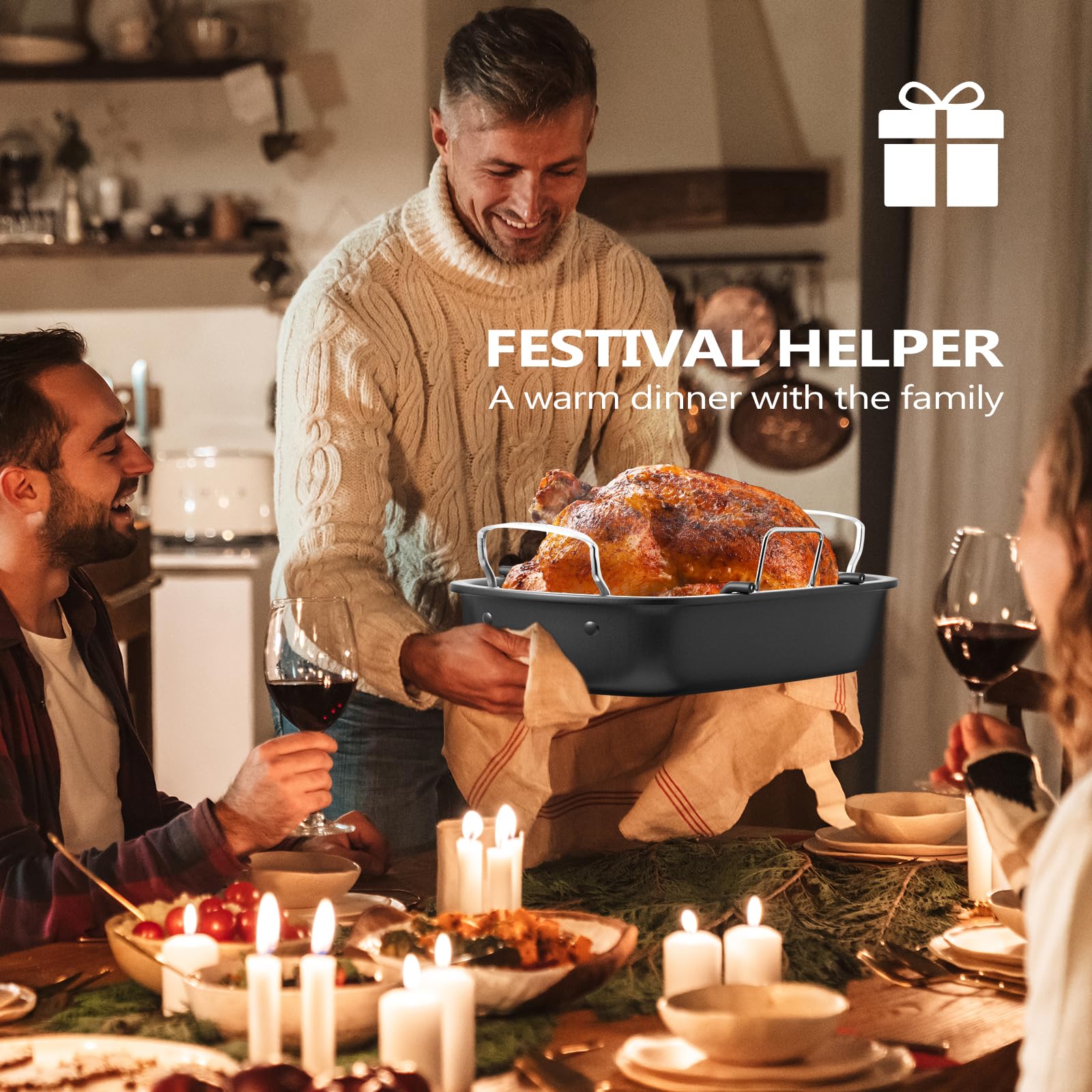 Turkey Roasting Pan, 17x13 Inch Roaster Pan for Turkey, Black&Silver