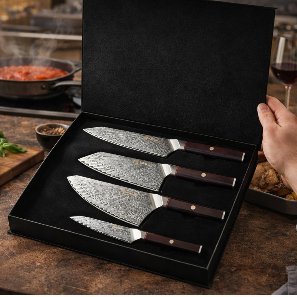 Wakoli Culinary Asia 4-Piece Asian Knife Set, VG10 Damascus, Magnetic Block