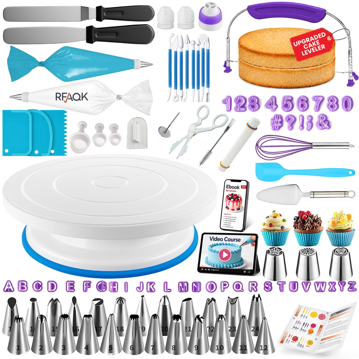 RFAQK 230PCs Cake Decorating Supplies Kit, Cake Decorating Set with Cake Turntable, Piping Bags and Tips, Modeling Tools, Cookie Plunger Cutters, Icing Smoother & Other Accessories for Cake Decoration