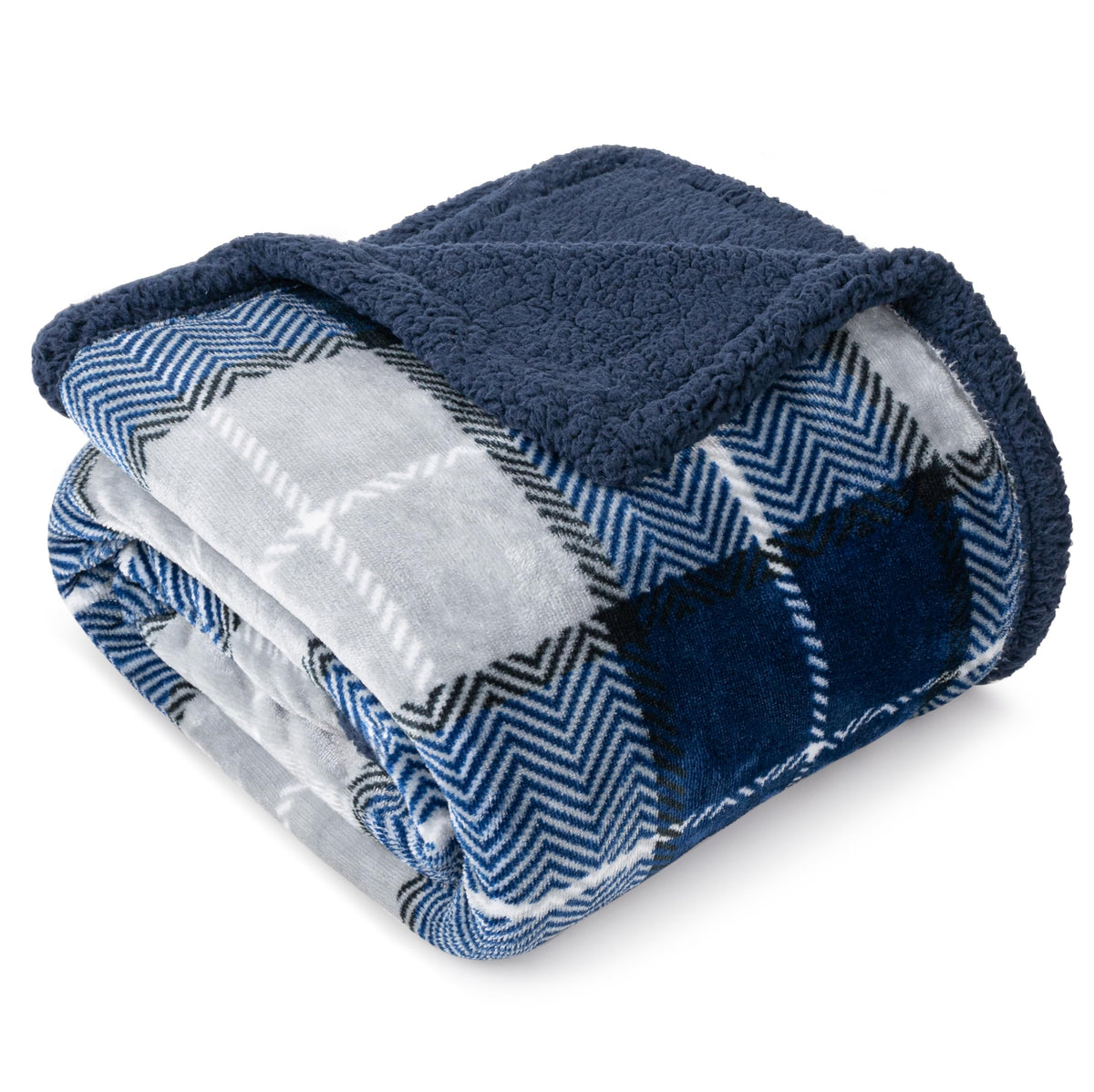 PAVILIA Twin Plaid Sherpa Throw Blanket for Couch Sofa Bed, Navy, 60x80