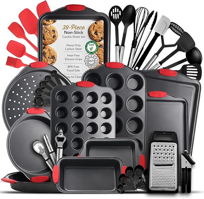Eatex Nonstick Baking Sheet Set, 39-Piece Baking Pans Set with Silicone Handles, Carbon Steel Cookie Sheets for Baking, Commercial Grade Quality Bakeware Sets Includes Kitchen Utensils Set and More