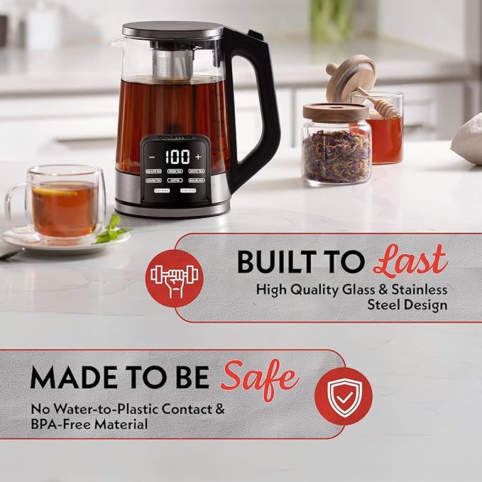 Gourmia Electric Glass Kettle – 1.7L Programmable Tea & Coffee Brewer with Digital Touch Display, 6 Presets, Removable Stainless Steel Infuser, Cordless with 360° Swivel Base, Peach