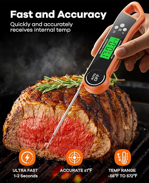 SILVLF Meat Thermometer Digital, Instant Read Thermometer with Backlight, Calibration & Hold Function, Waterproof Food Thermometer for Kitchen and Outside, BBQ,Turkey, Candy, Liquids, Beef (Orange)