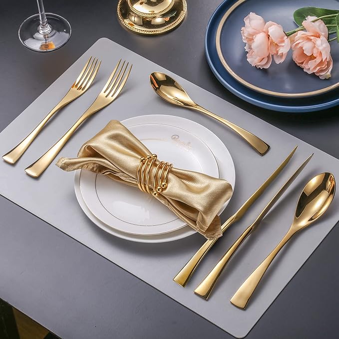 Lemeya 24-Pieces Gold Silverware Set with Steak Knives,Heavy Duty 18/10 Stainless Steel Flatware Set for 4,Modern Cutlery with Forged Stand Knives,Mirror Polished,Dishwasher Safe