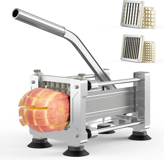 Sunvivi French Fry Cutter Stainless Steel Potato Slicer: with 2 Replaceable blades (1/2 & 3/8 Inch), Professional Fries Cutter for Potatoes, Carrots, Cucumber, Onion, Yam