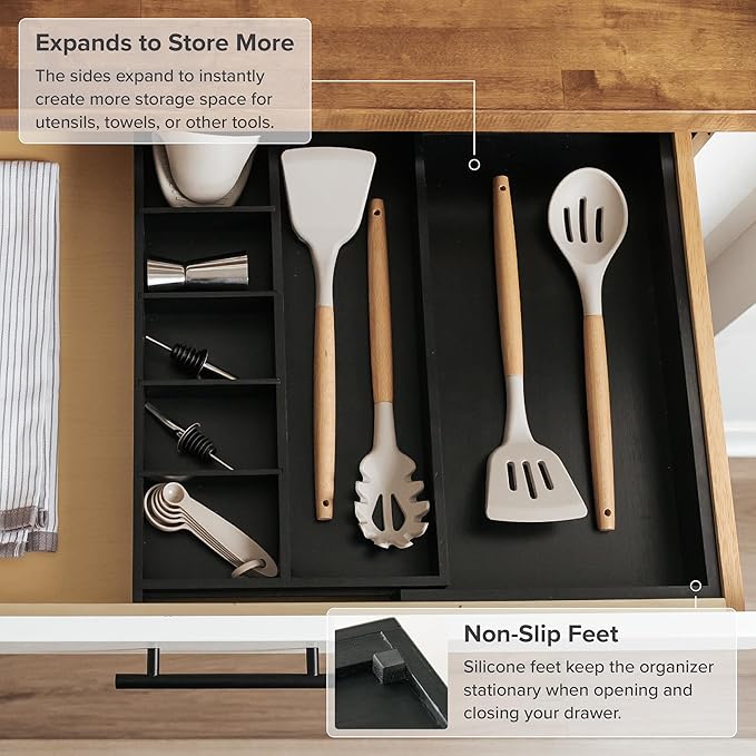 KitchenEdge Utensil & Junk Drawer Organizer, 10.5-19 in, Black Bamboo