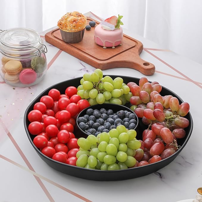 ZAROCRUS Chip & Dip Serving Set, 2 PCS Divided Cheeses Serving Platter, Relish Tray, Round Compartment Appetizer Set for Chips and Dip, Veggies, Candy and Snacks, Black, Set of 2