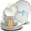 12 Piece Stoneware Dinnerware Set for 4 - Handmade Reactive Glaze Plates and Bowls Set - Chip & Scratch Resistant Dish Set - Dishwasher Microwave Safe - Light Beige