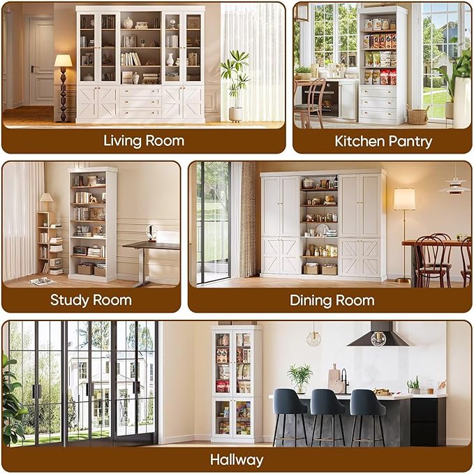 70.8" Tall Farmhouse Bookshelf, Modular Bookcase with Glass Doors, 6-Tier Adjustable Shelves, Large Storage Cabinet for Kitchen, Living Room, White, Set of 4