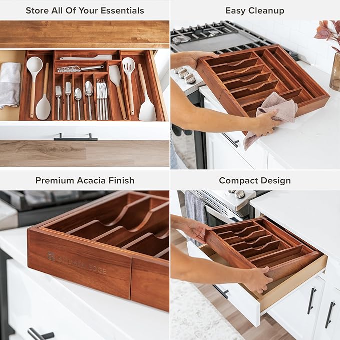 KitchenEdge Silverware & Utensil Drawer Organizer, 14.5-25 in, Acacia