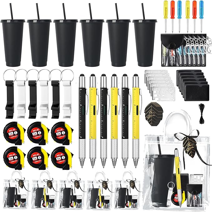 Baby Shower Prizes for Men - 6 Pack Complete Game Prize Set for Dad & Male Guests - Includes Survival Card Tool, Tape Measure, Bottle Opener Keychain, Plastic Cups, Pens, Screwdrivers (BLACK)